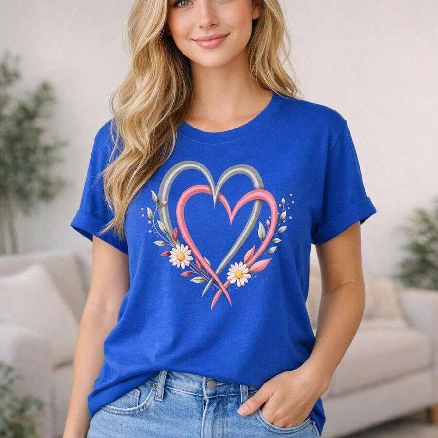 Camiseta Casual de Algodón para Mujer, Cuello Redondo, Manga Corta, con Estampado de Doble Corazón y Flores, Corte Holgado, Ropa Cómoda y Suave para Uso Diario - Azul - Ver 1