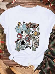 Elegant And Casual Women's Short Sleeve,Casual T Shirt World Cup Soccer Ball Trophy And Medal Print White Women Summer Wear For Sports Fans - 白色 - 查看 3