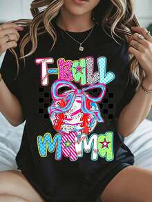 Elegante y casual para mujer, manga corta, camiseta para el Día de la Madre con estampado de "T Ball Mama", blanca, ropa casual de verano. - Negro - Ver 8