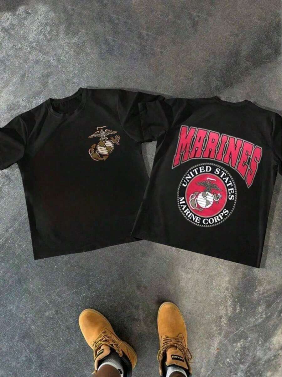 Camiseta de manga corta para hombre, cuello redondo, casual, 1 pieza, 100% algodón, 220g, estampada digitalmente por ambos lados con el logotipo de los Marines y un motivo de Estados Unidos. - Negro - Ver 1