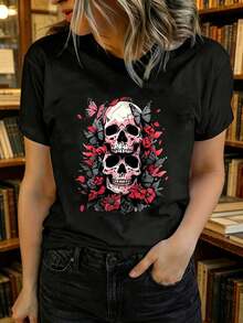Camiseta de verano para mujer, de manga corta y estampada, moderna y casual, lavable a máquina, ajuste cómodo, estampado plano 2D. - Negro - Ver 7