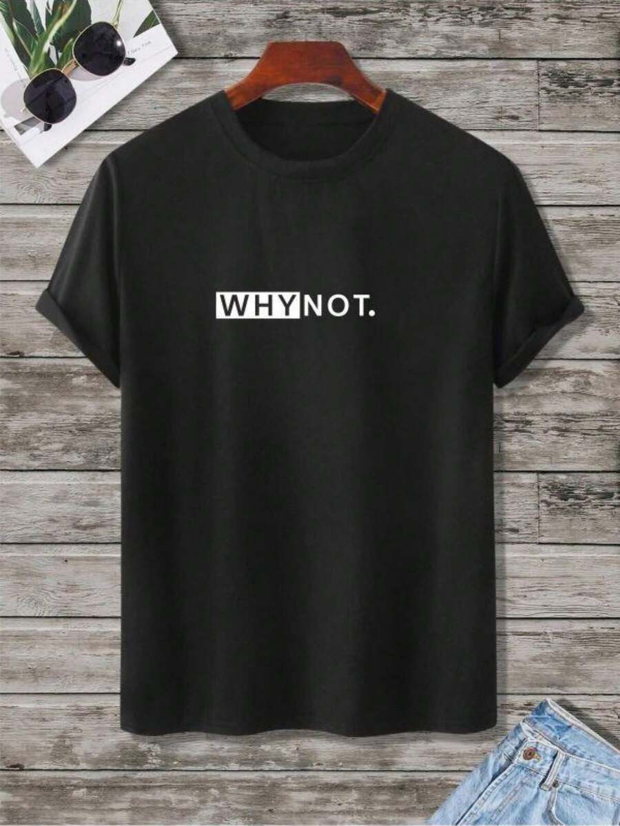 Camiseta Casual de Manga Corta para Hombre - Corte Regular 100%, Cuello Redondo con Estampado de Letras "WHYNOT" en Negras y Blancas, Gráfico de Transferencia Térmica Digital, Ropa Cómoda, Moda Casual Moderna, Ropa Casual Duradera, Moda Urbana, Diseño Minimalista, Tela Suave, Camiseta Estampada, para Amantes del Estilo Urbano, Atuendo Diario, Moda Urbana, Estampado de Alta Calidad, Camiseta Unisex, para Entusiastas de la Moda Urbana, Camiseta Gráfica para Hombre con Diseño Atrevido, Adecuada para Viajes y Uso Diario. - Negro - Ver 1