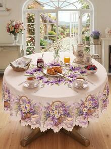 Floral Printed Tablecloth. Polyester Rectangular, Circular, And Oval Tablecloths With Shell Lace Design, Quick Drying, Washable, Suitable For Daily Use, Summer Kitchen Decoration, Wedding Banquets, Outdoor Gardens, Wedding Decorations, Kitchen Dining Rooms, And Seasonal Home Decor. - Multicolor - View 7