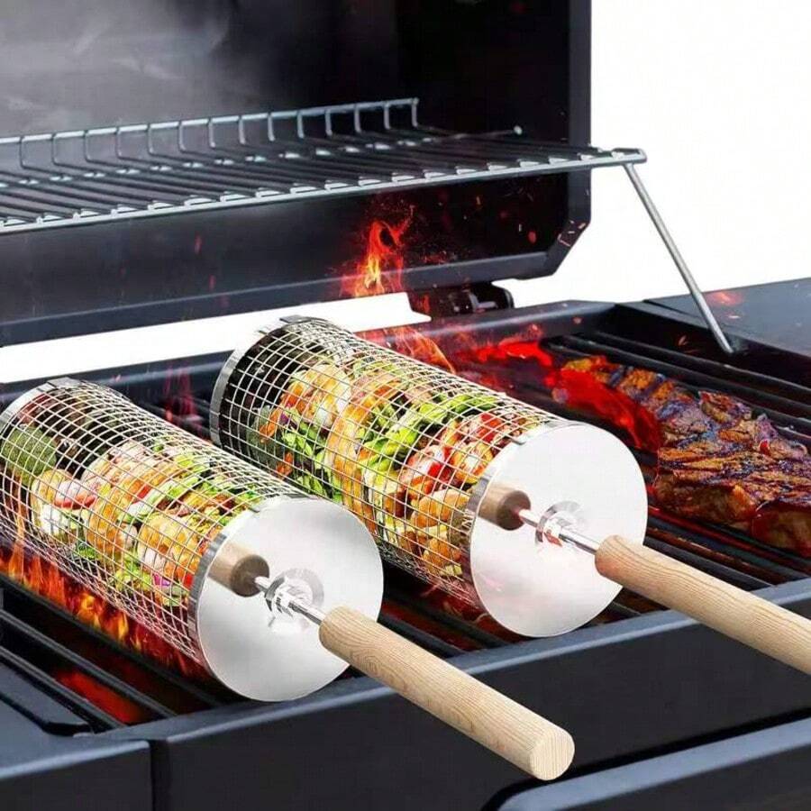 ✨Set Of 2 Rolling Grill Basket, Removable Wooden Handle, 304 Stainless Steel, Nesting BBQ Tools, Smoker Grilling Accessories For Vegetable, Outdoor Cooking Camping, Birthday Gifts For Men Dad Husband For Summer, Outdoor,Party,Birthday Gift, Swimming Pools|Birthday Party Gifts(2026 Enhanced Design)|Cool Summer Day| Suitable For Indoor And Outdoor Activities|Christmas & Halloween Gift|Newly Upgraded Thickened Edition|Suitable For Indoor And Outdoor Activities|Limited Quantity| Heartwarming Gift|Christmas Eve|New Year's Eve|Made Me Buy It: Must-Haves To Stock Up On|Pool Party Drink Toys|Summer Home|Gift For Him/Her,Anniversary Gift,Date✨ - A - View 1