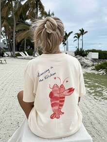 Limited Edition: Women's Fashionable Casual T-Shirt, Spring-Summer Beachwear, With Double-Sided Watercolor Print Featuring A Shrimp, Heart, And 'Dancing In The Kitchen' Design. This Is A Crew Neck, Short-Sleeved, Loose-Fitting T-Shirt Made Of Lightweight Cotton. - 杏色 - 查看 4