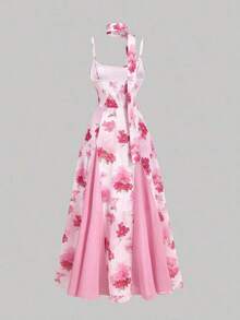 MOD Vestido elegante de mujer con estampado floral, cintura fruncida y tirantes largos para fiesta - Rosa - Ver 5