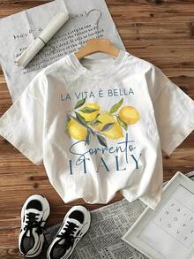 1 pieza de ropa casual de moda para hombres y mujeres. Camiseta de mujer de puro algodón con estampado artístico de limones y texto inspirador, estilo casual de verano, cuello redondo cómodo y tela suave y transpirable. Versátil, fácil de combinar, adecuada para uso diario, estilo urbano, conjuntos de vacaciones, conjuntos de fin de semana. - Blanco - Ver 1