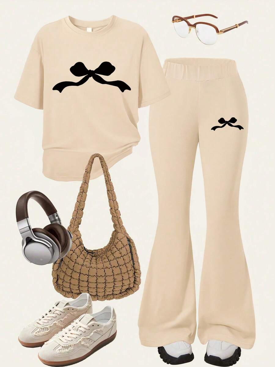 2pcs/Set Summer Casual Loose Short Sleeve T-Shirt And Shorts, Suitable For School, Sports, Outdoor Activities - Apricot - View 1