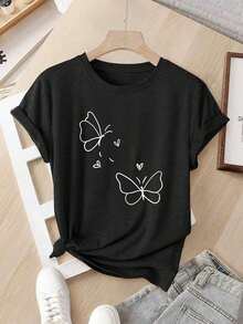 Ropa Curvy En Oferta Y  Una Camiseta De Manga Corta Para Mujer, Holgada Y De Estilo Retro, Ideal Para Actividades Al Aire Libre En Primavera Y Verano. Camiseta De Manga Corta Con Cuello Redondo Para Mujer, Estilo Europeo Y Americano, Ligera, Transpirable, Elegante, Estampada, CóModa, De Estilo Urbano Moderno, VersáTil Y Casual, Perfecta Para Deportes. Blusas Para Mujer,Blusas Casuales Para Dama,Tops,, Mujer Premium,Y2K,Playeras De Mujer Curvy,Ofertas Y Liquidaciones Ropa Mujer,Playeras Deportivas Para Mujer,,Playeras De Hombre, Mujer,Blusas>Elegante YGMDCamisetas Para Mujer Y2K - Negro - Ver 9