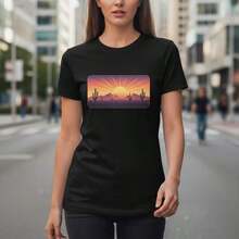 Curvy Clothing On  & Retro Sunset Mexican Desert Tee - Vintage 80s Style Landscape Graphic T-Shirts For Women Y2K - 黑色 - 查看 10