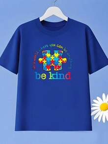 Camiseta ligera para niños y adolescentes, con estampado moderno de "rompecabezas", manga corta, serie sobre autismo, adecuada para juegos casuales y deportes tanto en interiores como en exteriores, top de verano a la moda, ideal para fiestas, vacaciones y otras ocasiones, top para la temporada de regreso a clases, disponible en múltiples colores y lavable a máquina. - Azul - Ver 7