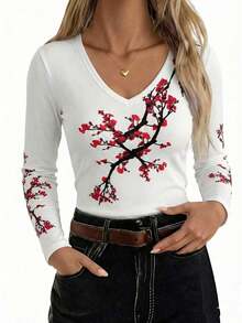 Camiseta de manga larga de ajuste ceñido de unicolor casual para mujer, otoño - Blanco - Ver 1