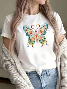 Conjunto Casual para Mujer, Ropa de Casa, Tallas Grandes, Camiseta de Manga Corta con Cuello Redondo para Mujer, 100% Tejido Transpirable Puro, Top Casual de Primavera y Verano, Camiseta Cómoda para Uso Diario de Mujer, Material Semitransparente, Camiseta con Estampado Motivacional - Blanco - Ver 6