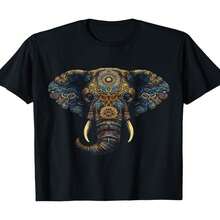 Men's T-Shirt With Elephant And Mandala Print - 100% Cotton, Loose Fit, Short Sleeve, Boho Elephant And Mandala Art, Casual Wear For Beach, Yoga, Festivals And Everyday Use, Breathable Fabric - 黑色 - 查看 2