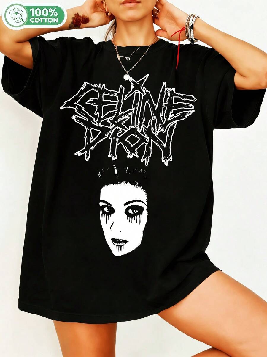 Celineee Dionnn Fanart T-Shirt, Black Metal-Style Grunge Text With Gothic Female Portrait, Dark-Pop Music Style, Unisex Oversized 100% Cotton Crew Neck Casual Streetwear Music Fan T-Shirt. - Black - View 1