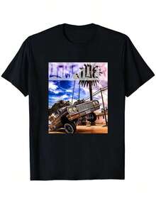Camiseta Retro Lowrider para Hombre - Camiseta Casual Suave de Verano con Cuello Redondo y Letras en Línea (Compatible con Logotipos de Impresión Trasera) - Camisa Lavable a Máquina para el Diario, Av - Negro - Ver 1