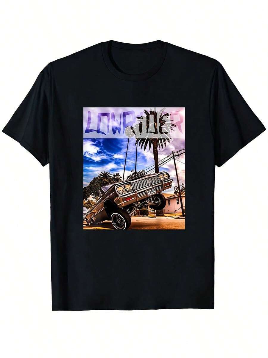 Camiseta Retro Lowrider para Hombre - Camiseta Casual Suave de Verano con Cuello Redondo y Letras en Línea (Compatible con Logotipos de Impresión Trasera) - Camisa Lavable a Máquina para el Diario, Av - Negro - Ver 1