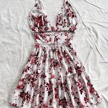 Vacation Spaghetti Strap V-Neck Hollow-Out Backless Floral Print Dress,Summer Dresses For Women - Burdeos - Ver 3
