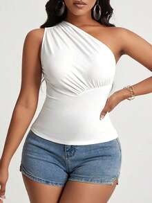 Top Plisado Con Cuello Asimétrico De Color Liso Para Mujer - Blanco - Ver 3