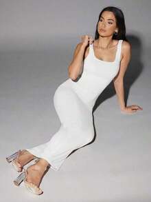 Vestido de tirantes de cuello redondo liso - Blanco - Ver 4