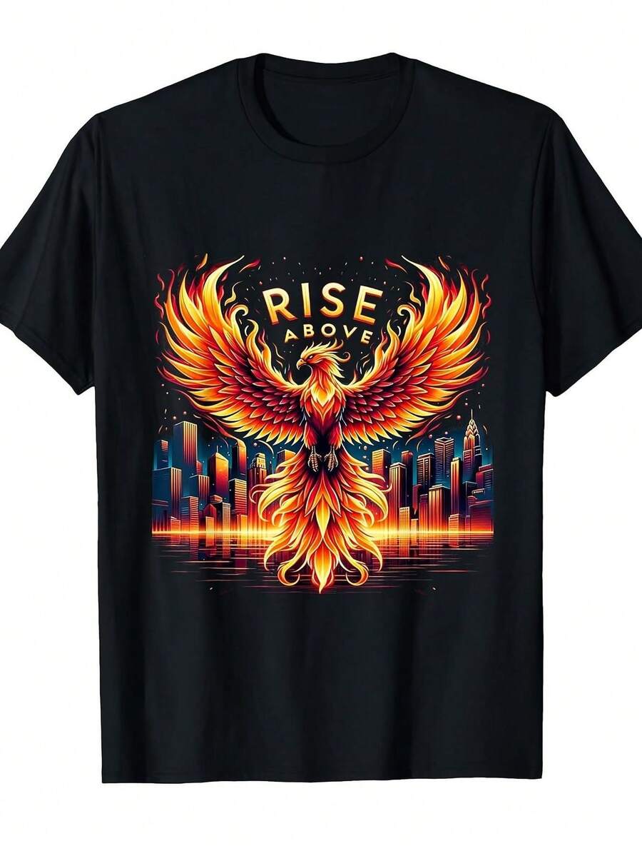 Camiseta holgada y cómoda para hombre con diseño inspirado en el mítico pájaro Fénix de fuego, estilo moderno. Estilo Urbano a la Moda. Camiseta de algodón cómoda para mujer con cuello redondo. Mismo diseño y mangas que las camisetas de hombre. Camisetas para Todas las Temporadas - Camisetas con Estampados Atractivos - Camisetas Lavables a Máquina - Negro - Ver 1