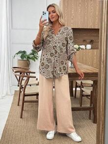 Set de 2 piezas de camisa y pantalones con estampado de color contrastante para mujeres - Caqui - Ver 8