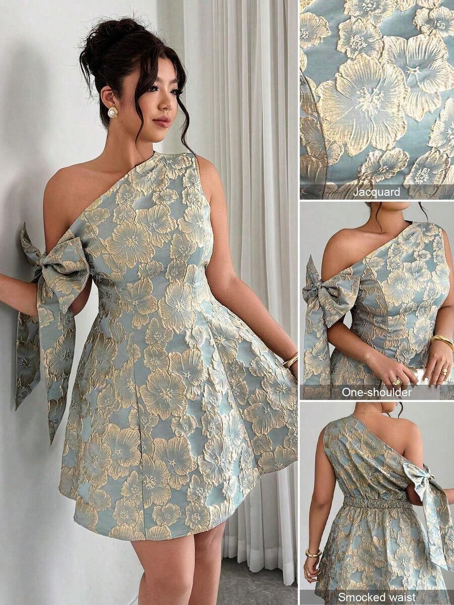 Vestido mini elegante de verano para mujer talla grande, vestido corto de fiesta con tela jacquard, cintura con lazo asimétrico, para boda, reunión, cita - Verde - Ver 1