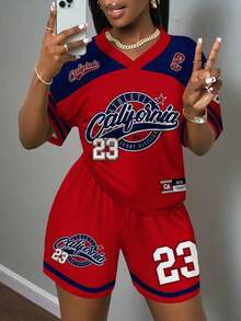 Conjunto informal de primavera/verano 2025, estampado gráfico en inglés con texto "California" y motivo de coche de carreras, conjunto de 2 piezas para mujer - Multicolor 2 - Ver 6