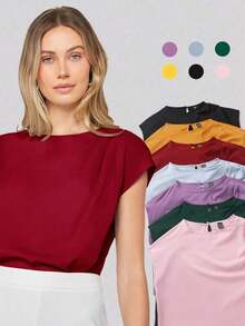 Blusa de mujer con mangas de murciélago asimétricas, de unicolor, estilo básico urbano de viaje, moda elegante y sencilla para negocios casuales, adecuada para maestras y uso en la oficina - Burdeos - Ver 1