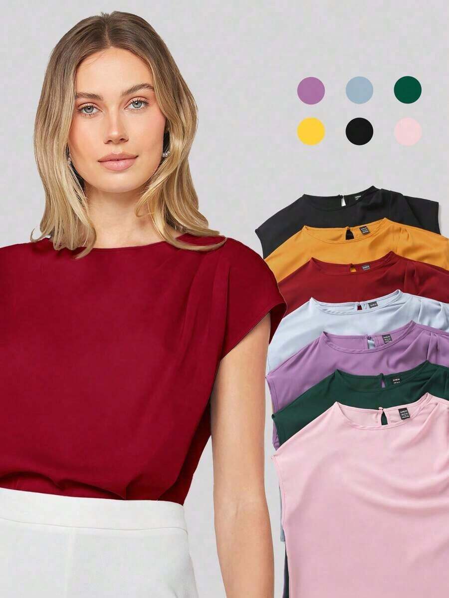 Blusa de mujer con mangas de murciélago asimétricas, de unicolor, estilo básico urbano de viaje, moda elegante y sencilla para negocios casuales, adecuada para maestras y uso en la oficina - Burdeos - Ver 1