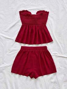 Set de 2 piezas para mujer con parte superior corta sin mangas con volantes y estampado de rayas y flores, y shorts casuales para verano, vacaciones en la playa y fiestas - Rojo 2 - Ver 2