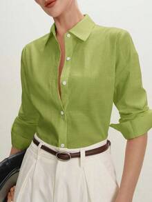 2026 Nueva Camisa Básica Versátil y Elegante para Mujer con Botones Delanteros y Cuello Mao en Color Azul Claro, Adecuada para Ir al Trabajo, Uso Diario, Estilo Retro de los 90, Navidad, Año Nuevo, Fiesta de San Valentín, Playa, Graduación, Moda, - Verde - Ver 8