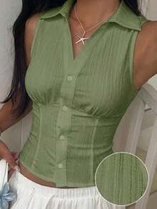 Camisa sin mangas tejida de color marrón chocolate para mujer - Verde militar - Ver 7