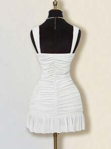 Vestido de mujer de corte ajustado sin mangas de unicolor con fruncido de tul - Blanco - Ver 2