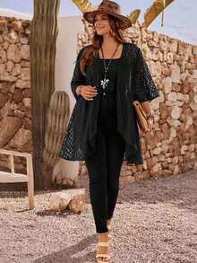 Chaqueta casual de apertura frontal con mangas 3/4 de jacquard para mujer de talla grande, para atuendos de vacaciones de otoño/invierno, atuendos de primavera, ropa de verano, vestidos de primavera, atuendos de primavera, ropa de primavera par - Negro - Ver 5