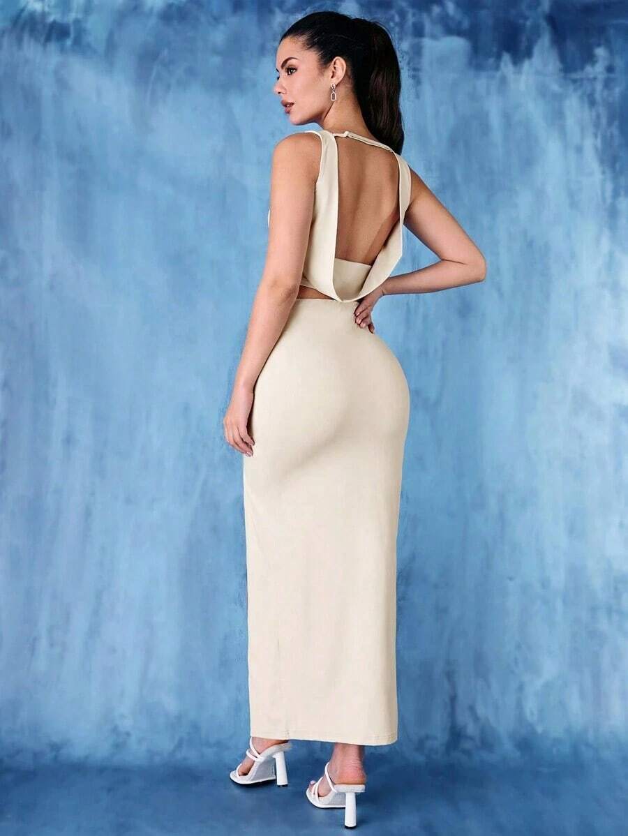Top Sin Espalda Y Falda Larga 2 Piezas Atuendo Para Fiesta De Navidad Y Año Nuevo - Beis - Ver 1