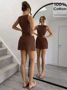 2026 New Release: Bohemian Office Siren Mini Dress - Linen-Cotton Blend Beige Sleeveless Dress With Bowknot Detailing, A-Line Summer Work To Weekend Outfits Summer Dresses For Women Brown Casual - Albaricoque - Ver 11