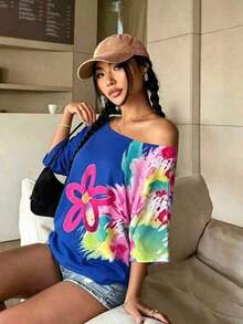 Camiseta suelta de mujer con estampado floral y hombros descubiertos, manga 3/4 - Blanco 2 - Ver 3