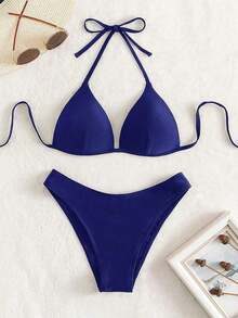 Conjunto de bikini liso, sujetador push up y parte inferior de bikini, traje de baño de 2 piezas - Azul marino - Ver 5