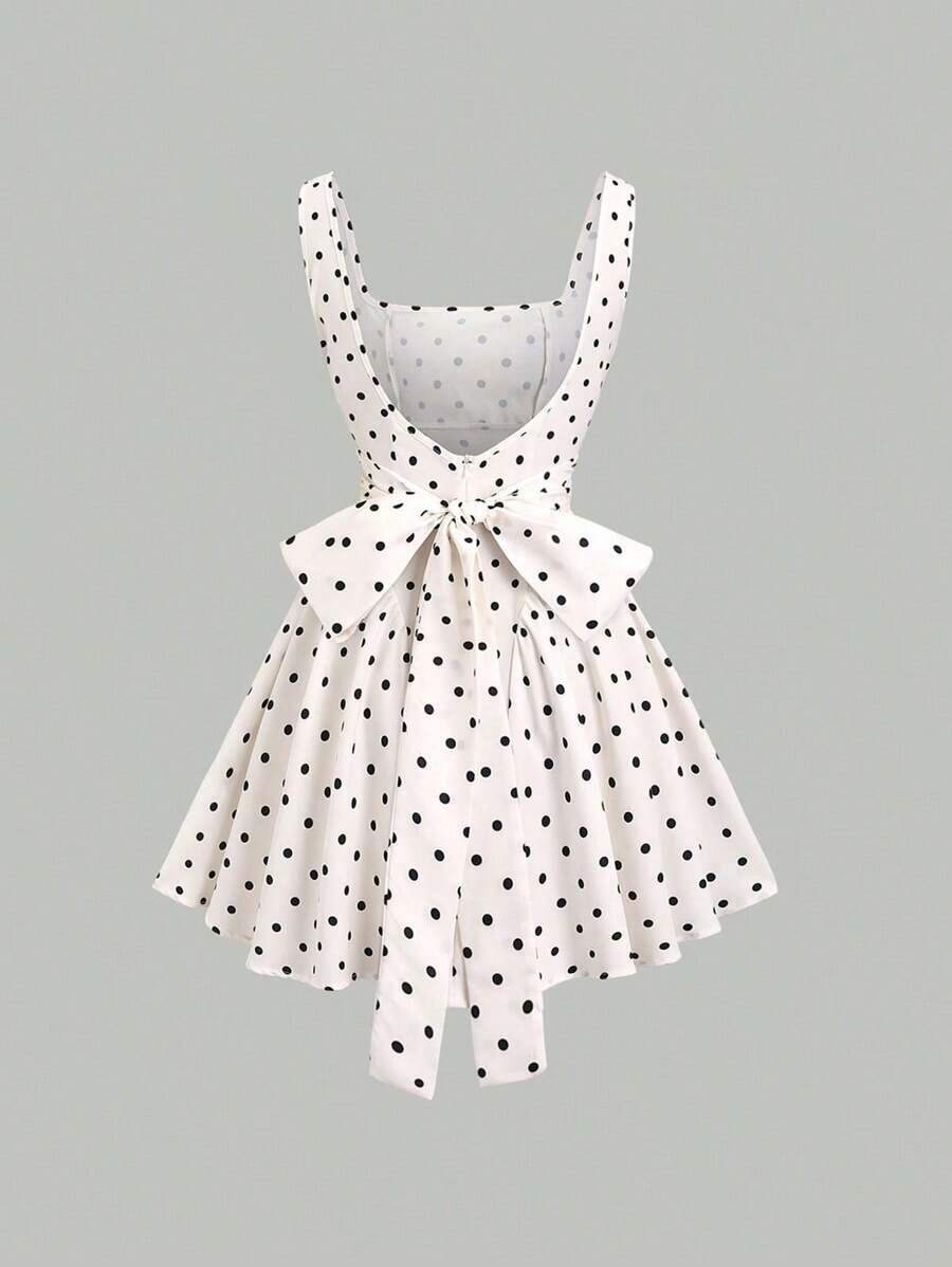 Vestido mini para mujer de alta gama, de estilo retroamericano, con estampado floral, espalda descubierta, corte slim, plisado, cuello asimétrico sin mangas y lunares - Blanco y Negro - Ver 1