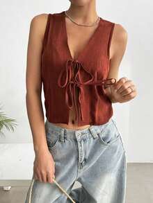 Camisa sin mangas de unicolor casual con nudo delantero para mujeres - Marrón 2 - Ver 7