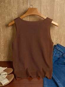 Ropa de punto casual de mujer de cuello en V sin mangas - Marrón 2 - Ver 2