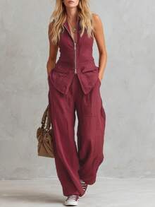 Conjunto de pantalón y top sin mangas con cremallera y cuello alto de un solo color - rojo ladrillo - Ver 1