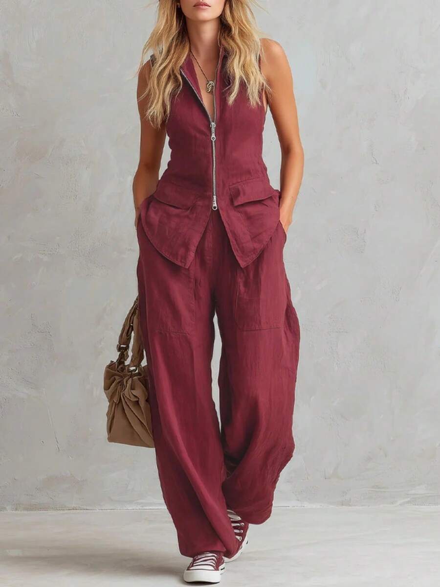 Conjunto de pantalón y top sin mangas con cremallera y cuello alto de un solo color - rojo ladrillo - Ver 1