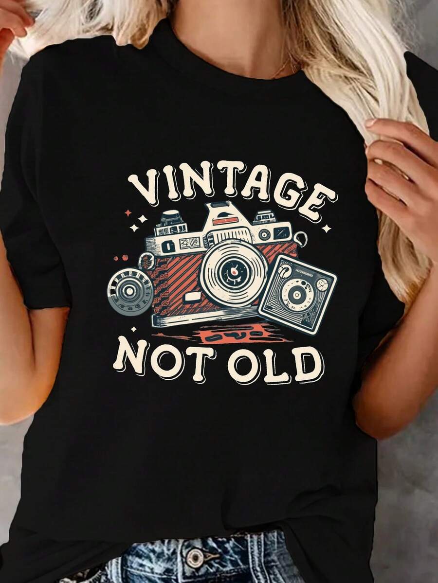 Camiseta de Cuello Redondo con Estampado de Cámara Vintage, Blusa Casual de Manga Corta para Primavera y Verano, Ropa de Mujer, Blusas Para Mujer Casual - Negro - Ver 1