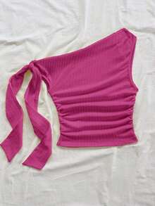 Top de mujer de color amarillo claro con tirantes asimétricos y hombros atados, fluido y ajustado, adecuado para fiesta, vacaciones, festival de música, estilo bohemio, cita de vacaciones, té de la tarde - Rosa Fucsia - Ver 2