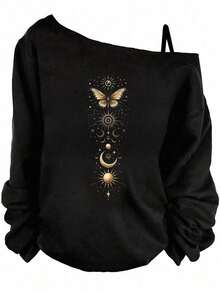 Camiseta asimétrica de manga larga con hombros caídos, casual, negra, con estampado de mariposa dorada y estrella verde para mujer - Negro 2 - Ver 8