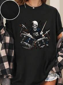Rock Band Drummer T-Shirt With Skeleton Drum Set And Rock Gestures - Casual Crew Neck For Concerts, Outdoor Activities, Gym - Funny Gift For Musicians And Rock Fans - 黑色 - 查看 3