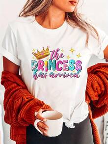 Personalized T-Shirt With Princess Print And Round Neck, Casual Short-Sleeved T-Shirt, Suitable For Spring And Summer, Women's Clothing - Unisex Loose Cotton T-Shirt With Short Sleeves And Round Neck In Urban Vintage Style. - 白色 - 查看 1