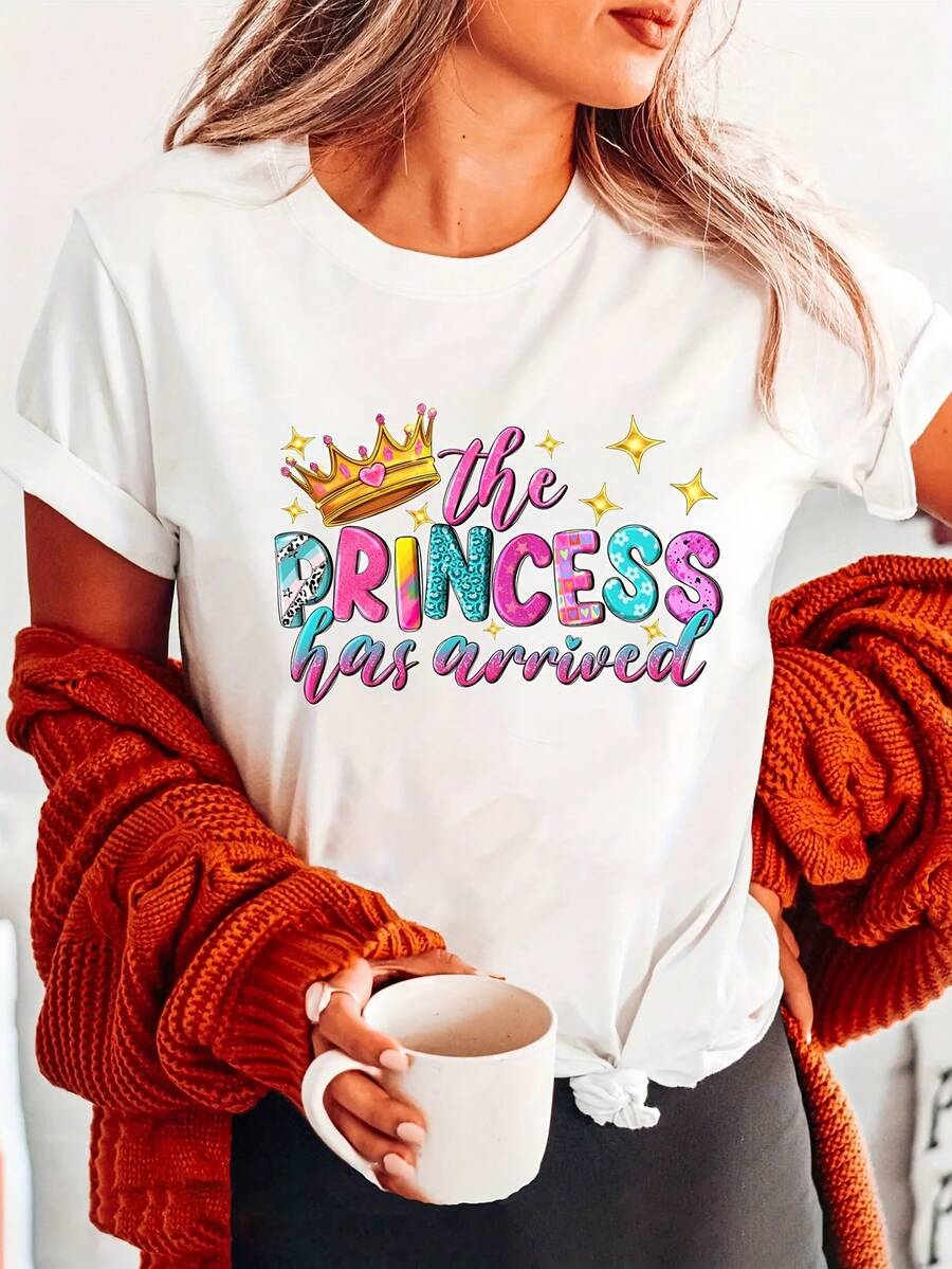 Personalized T-Shirt With Princess Print And Round Neck, Casual Short-Sleeved T-Shirt, Suitable For Spring And Summer, Women's Clothing - Unisex Loose Cotton T-Shirt With Short Sleeves And Round Neck In Urban Vintage Style. - 白色 - 查看 1